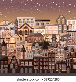Collection of buildings and houses, old architecture, urban scene, vector illustration