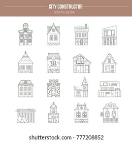 Collection of buildings made in line style vector. Great set of elements for map creator.