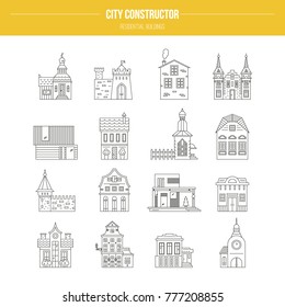 Collection of buildings made in line style vector. Great set of elements for map creator.