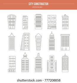 Collection of buildings made in line style vector. Great set of elements for map creator.