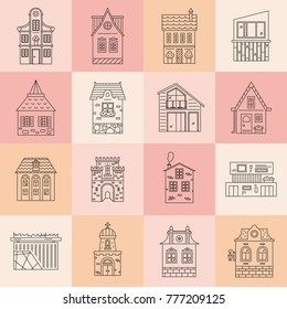 Collection of buildings made in line style vector. Great set of elements for map creator.