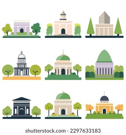 Collection of buildings in the park vector isolated on white