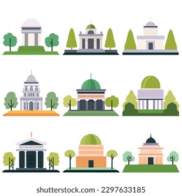 Colección de edificios en el vector del parque aislados en blanco