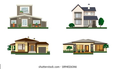 Collection of buildings, rural life and urban objects, farm house, cottage, vector Illustrations on a white background