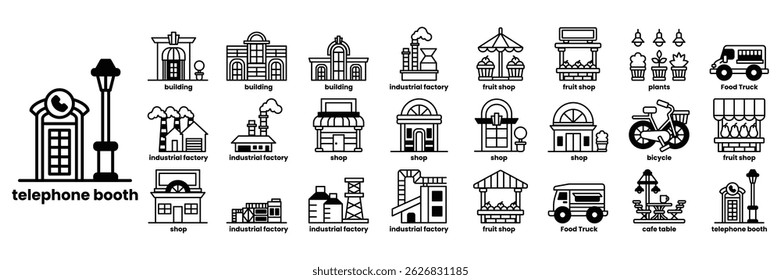 A collection of buildings and shops, including a restaurant, a shop, a hotel, and a gas station in line drawing style