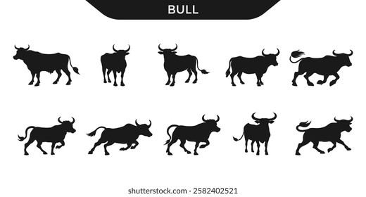 A collection of bull silhouettes in various poses, showcasing the strength and dynamic movement of the animal. Ideal for agricultural, wildlife, or cultural design projects.