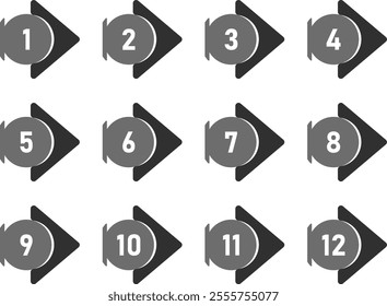 Collection of Bullet numbers set from one to twelve black and white