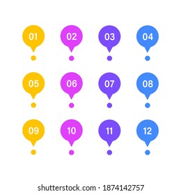 Collection bullet point from 1 to 12 sign. Vector flat illustrations. Colorful markers with numbers for infographic design or presentation on white backdrop.