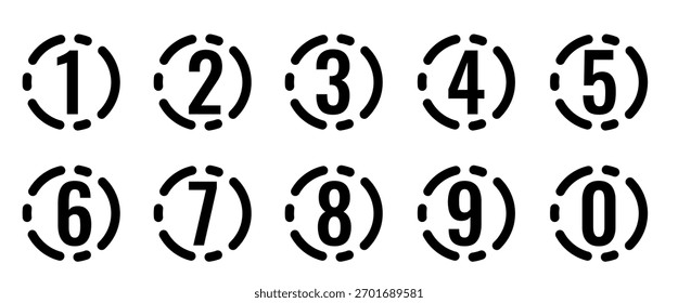 Coleção de marcadores, ícones de fonte numérica. Conjunto de marcadores vetoriais de números de 0 a 9. Colorido em preto. Ilustração vetorial.