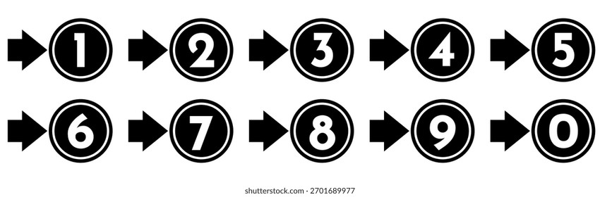 Collection of bullet points, number font icons. Vector set of bullet points numbers 0 to 9. Colored in black. Vector illustration.