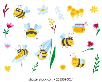 Collection with bumblebee, honey and flowers. Yellow, blue, pink, red and green floral graphic elements. Cartoon flat style. Cute and funny. Kids post cards, posters, nursery, clothes, prints,