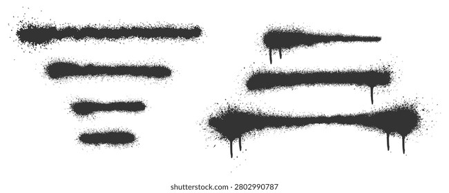 Collection bundle of black spray paint horisontal line stroke set. Minimalist hand drawn doodle pack with urban aerosol splatter drips for casual apparel streetwear clothing clip art.