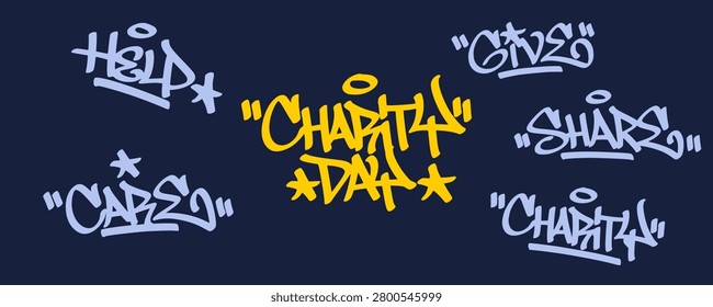 Collection bundle of charity day lettering typography spray paint graffiti tags. Distressed urban aerosol hand style script sticker pack with various donation words for clothing asset clip art.