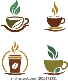 A collection bundle of four professional coffee cup and organic herbal tea logo templates designed in a stylized multi-color silhouette scheme on a white background. The set includes a top-left olive green cup resting on a brown swoop saucer with two large green leaf steam lines