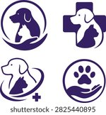 A collection bundle of four professional veterinary and pet shelter logo templates designed in a dark purple silhouette style. dog profile and white negative space cat cradled by a supportive hand.
