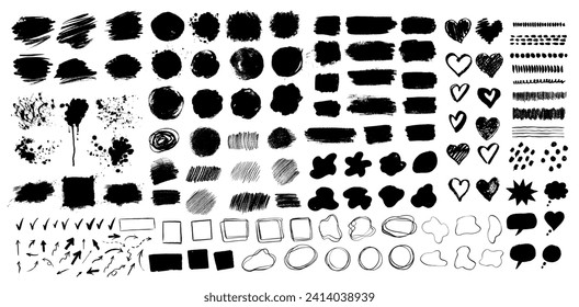 Collection bundle of grunge vector hand drawn elements, banners and paint splashes, figures and line art paint brush drawing