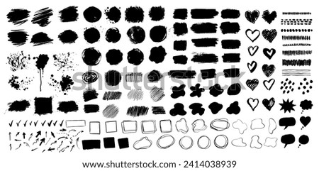 Collection bundle of grunge vector hand drawn elements, banners and paint splashes, figures and line art paint brush drawing
