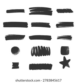 Collection bundle of hand drawn black crayon grunge texture blocks and rough abstract shapes.