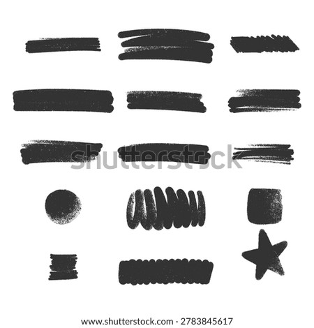 Collection bundle of hand drawn black crayon grunge texture blocks and rough abstract shapes.