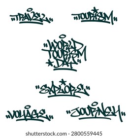 Collection bundle of urban adventure lettering typography spray paint graffiti tags. Distressed aerosol hand style sticker pack with various world tourism day holiday words for apparel clip art.