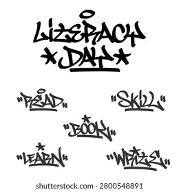 Collection bundle of urban education lettering typography spray paint graffiti tags. Distressed aerosol hand style sticker pack with various literacy day words for clothing asset clip art.