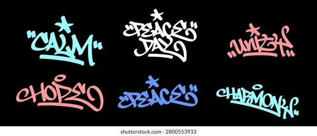 Collection bundle of urban freedom lettering typography spray paint graffiti tags. Distressed aerosol hand style sticker pack with various international peace day campaign words for asset clip art.