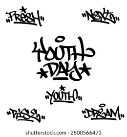 Collection bundle of urban generation lettering typography spray paint graffiti tags. Distressed aerosol hand style sticker pack with various youth day celebration words for asset clip art.