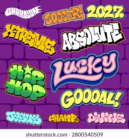 Collection bundle of urban lettering typography spray paint graffiti tags. Distressed aerosol bubble text sticker pack with various street art expressions with red brick wall background for streetwear asset clip art.