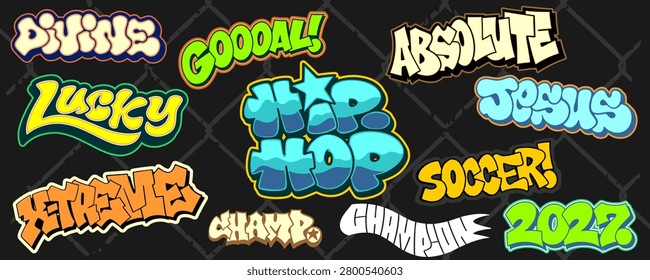 Collection bundle of urban lettering typography spray paint graffiti tags. Distressed aerosol bubble text sticker pack with various street art expression words for clothing asset clip art.