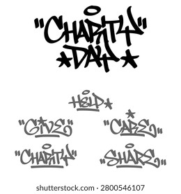 Collection bundle of urban lettering typography spray paint graffiti tags. Distressed aerosol handstyle script sticker pack with various charity day donation words for clothing asset clip art.
