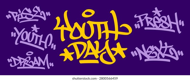 Collection bundle of urban young culture lettering typography spray paint graffiti tags. Distressed aerosol hand style sticker pack with various international youth day words for asset clip art.