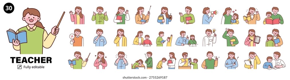 A collection bundle of various teacher characters and situations. Cute teacher character with a round face. Upper body illustration.