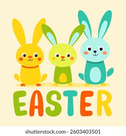 Collection of bunnies in a playing mood. Bunnies in a festive look. Easter bunnies.