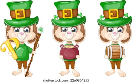 Collection of bunny characters for St. Patrick's Day cards