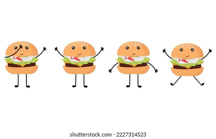 una colección de ilustraciones de hamburguesas con caras alegres sobre un fondo blanco