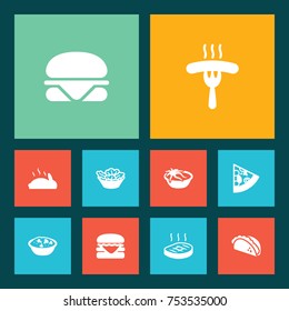 Collection Of Burger, Pepperoni, Beefsteak And Other Elements.  Set Of 10 Food Icons Set. 