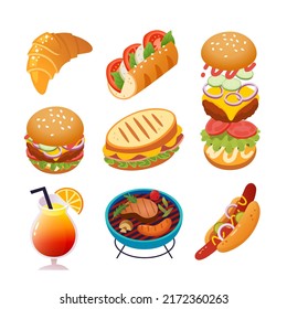 Collection of burgers sandwiches hot dog and grilled meat. Images for menu designs  Isolated vector illustrations. Street food images. French, USA, Italian and vegetarian cuisines. Vector icons.