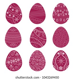 Collection of burgundy Easter eggs with white pattern. Vector illustration
