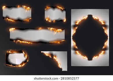 Collection of burned paper elements with flames and charred edges, providing frame concepts