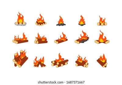 Collection of burning bonfires or campfires isolated on white background. Animation set of flame on firewood or logs in fire. Wood campfire, travel and adventure symbol. Vector illustration, EPS 10.