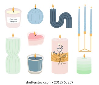 Collection of burning candles. Decorative wax candles of different sizes and shapes. Aromatic candles.  Hand-drawn vector set. Fancy and beautiful candles. White isolated background. 