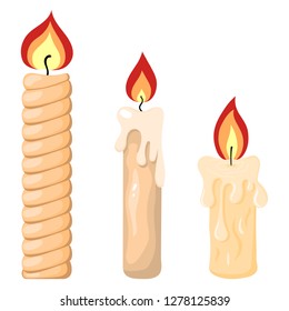 Collection of Burning Candles from Paraffin Wax for Your Design. Vector Illustration isolated on white background. Cartoon Style. Holiday Elements.