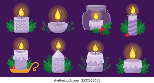 Collection of burning christmas candles. Light purple festive candles. New year. Candle in a jar, candles with ornament. Beautiful romantic candles. Vector illustration for a holiday card. Magic.