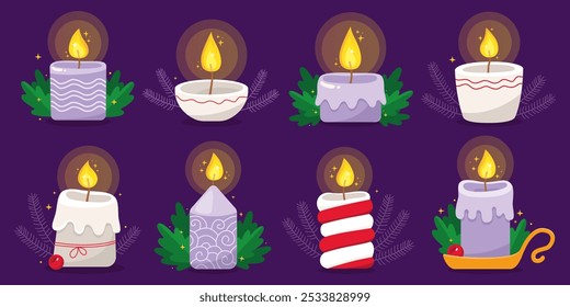 Collection of burning christmas candles. Light purple, red and white candles. New year. Candle in a jar, candles with ornament. Beautiful romantic candles. Vector illustration for a holiday card.