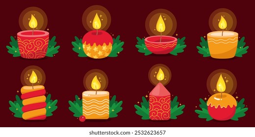 Collection of burning christmas candles. Red and yellow candles. New year. Striped candles, candles with ornaments, holly green leaves. Vector illustration for a holiday card. Magic.