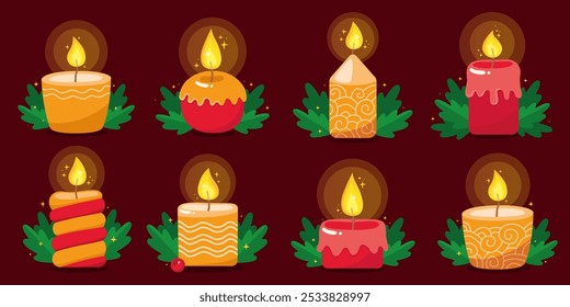 Collection of burning christmas candles. Red and yellow candles. New year. Striped candles, candles with ornaments, holly green leaves. Vector illustration for a holiday card. Magic.
