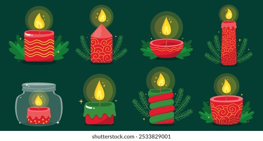 Collection of burning christmas candles. Red and green festive candles. New year. Striped candles, candles with ornaments, fir branches, leaves. Vector illustration for a holiday card. Magic.