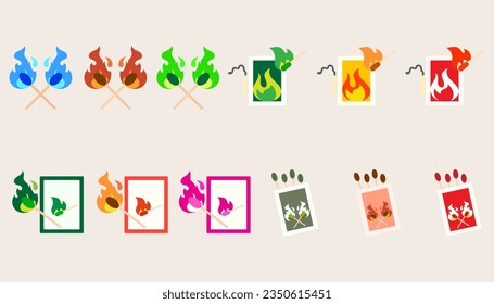 Collection  burning match. Wood whole matchstick with sulfur head flaming stages.Set of burning match.