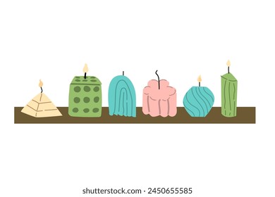 Collection of burning trendy candles. Different sizes and shapes. Can used for banner, label or poster.