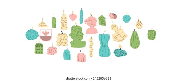 Colección de quemar velas de moda. Diferentes tamaños y Formas. Se puede utilizar para Anuncio, etiqueta o póster.
